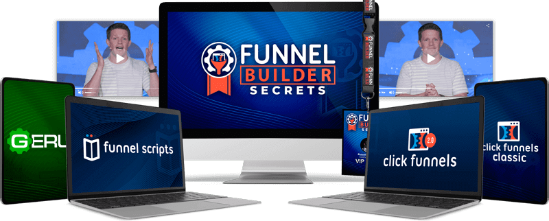 An assortment of electronic devices including laptops, monitors, and a mobile phone, displaying various software logos such as 'GERU', 'funnel scripts', 'click funnels classic', and 'click funnels 2.0'. Prominently featured in the center is the 'Funnel Builder Secrets' logo. On several of the screens, there's an image of a man gesturing enthusiastically.