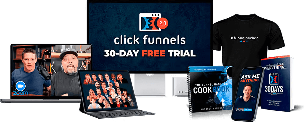 Promotional image showcasing ClickFunnels 30-Day Free Trial, including visual displays of webinars on laptops, branded T-shirt, and related books by Russell Brunson.